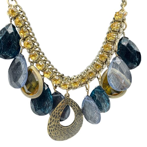 Gold-Tone Loft Necklace W/ Blue & Clear Beads Yellow Accents & Teardrop Pendant - Picture 2 of 5
